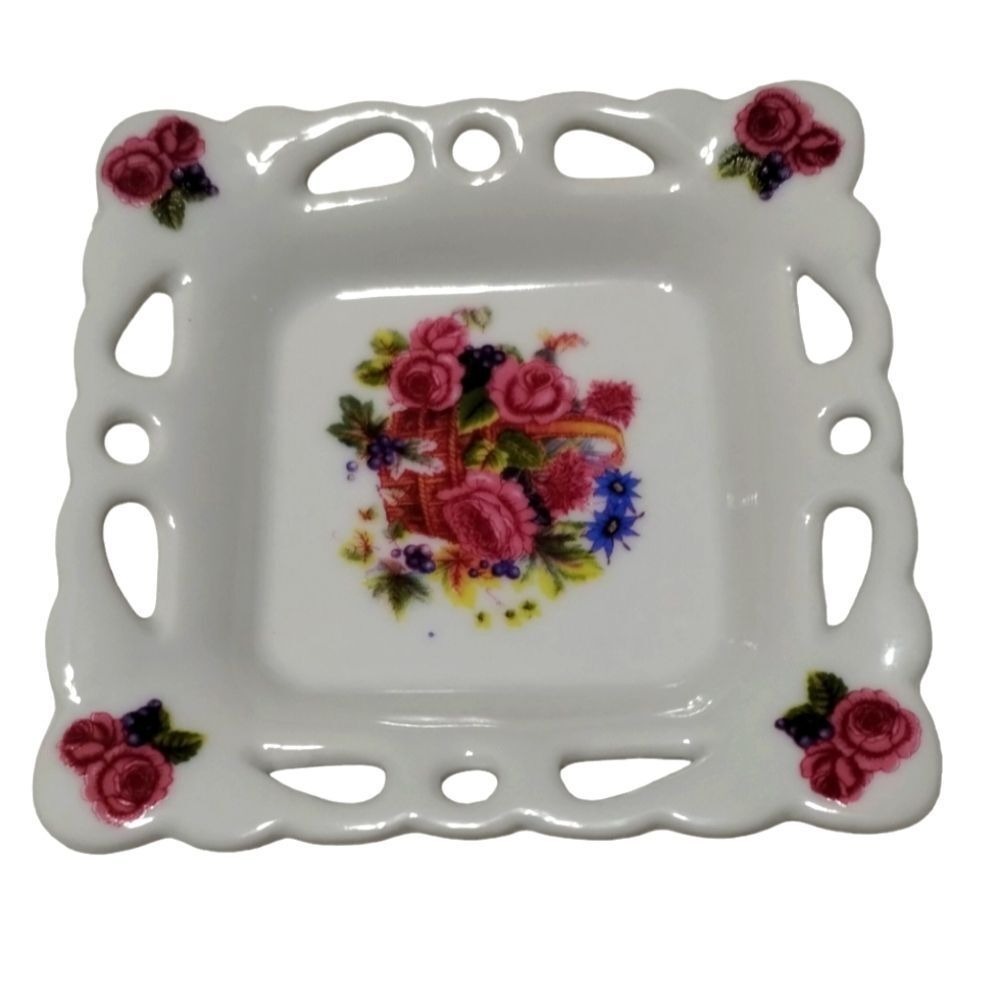 Royal Elegance Porcelain Trinket Dish Floral Rose Scalloped Edge Square New